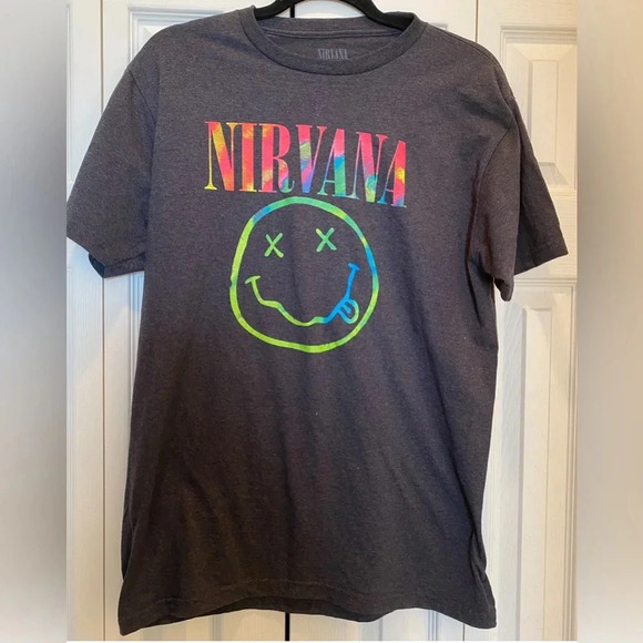 Nirvana Smiley Face Cobain Tie Dye Print Shirt unisex Cotton Gray X Large EUC - Picture 1 of 6